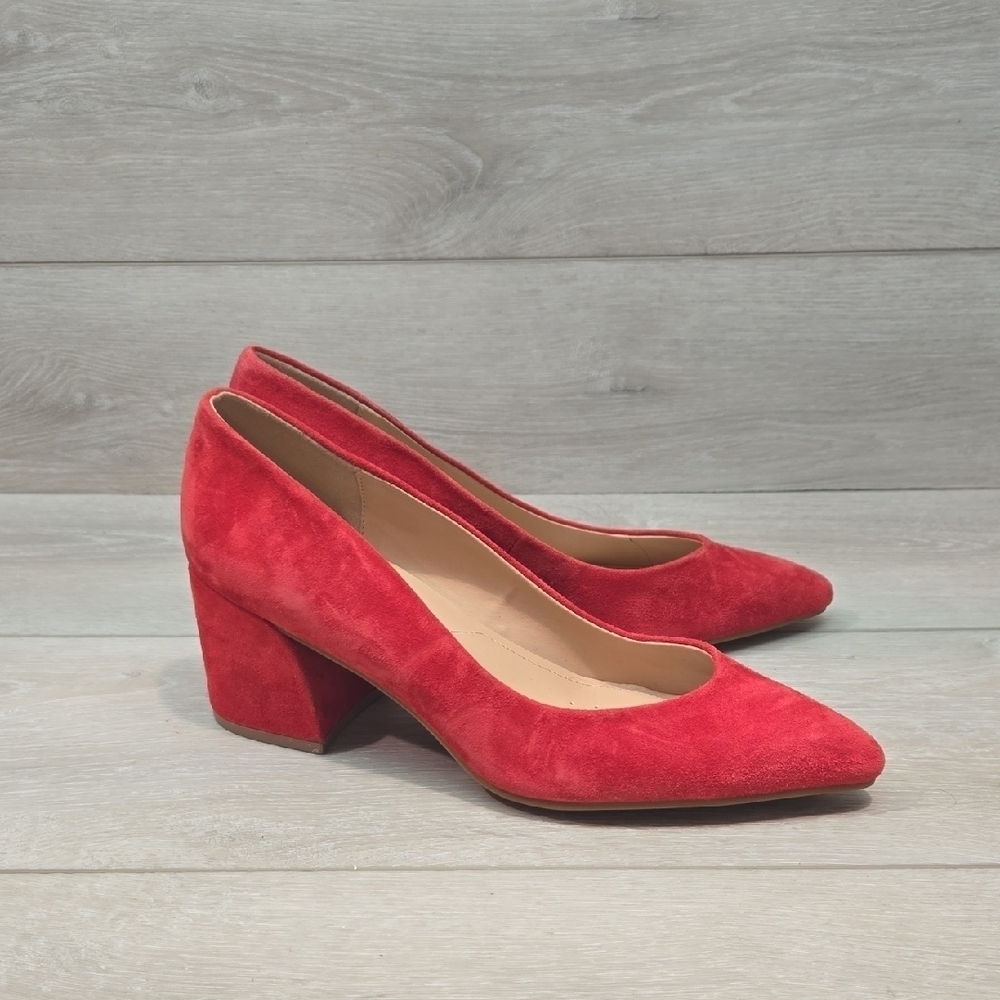 NYDJ Women Solimar Red Block Heel Suede Heels The Pointed Toe Shoes 9M